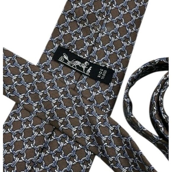 HERMÈS Men's 100% Silk Necktie LUXURY Tie 59 EA Brown Gray Chain W:3.2" EUC - Picture 2 of 5